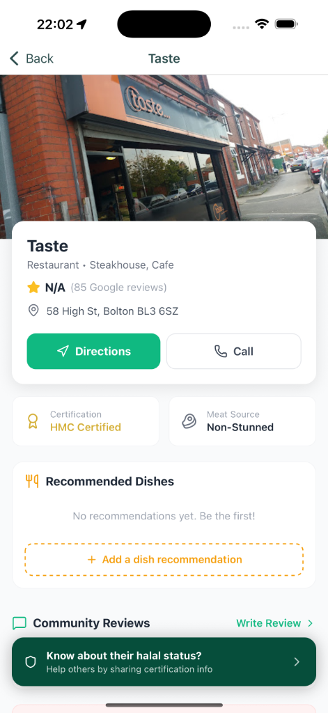 Maidah - Halal Restaurant Details Screen showing reviews